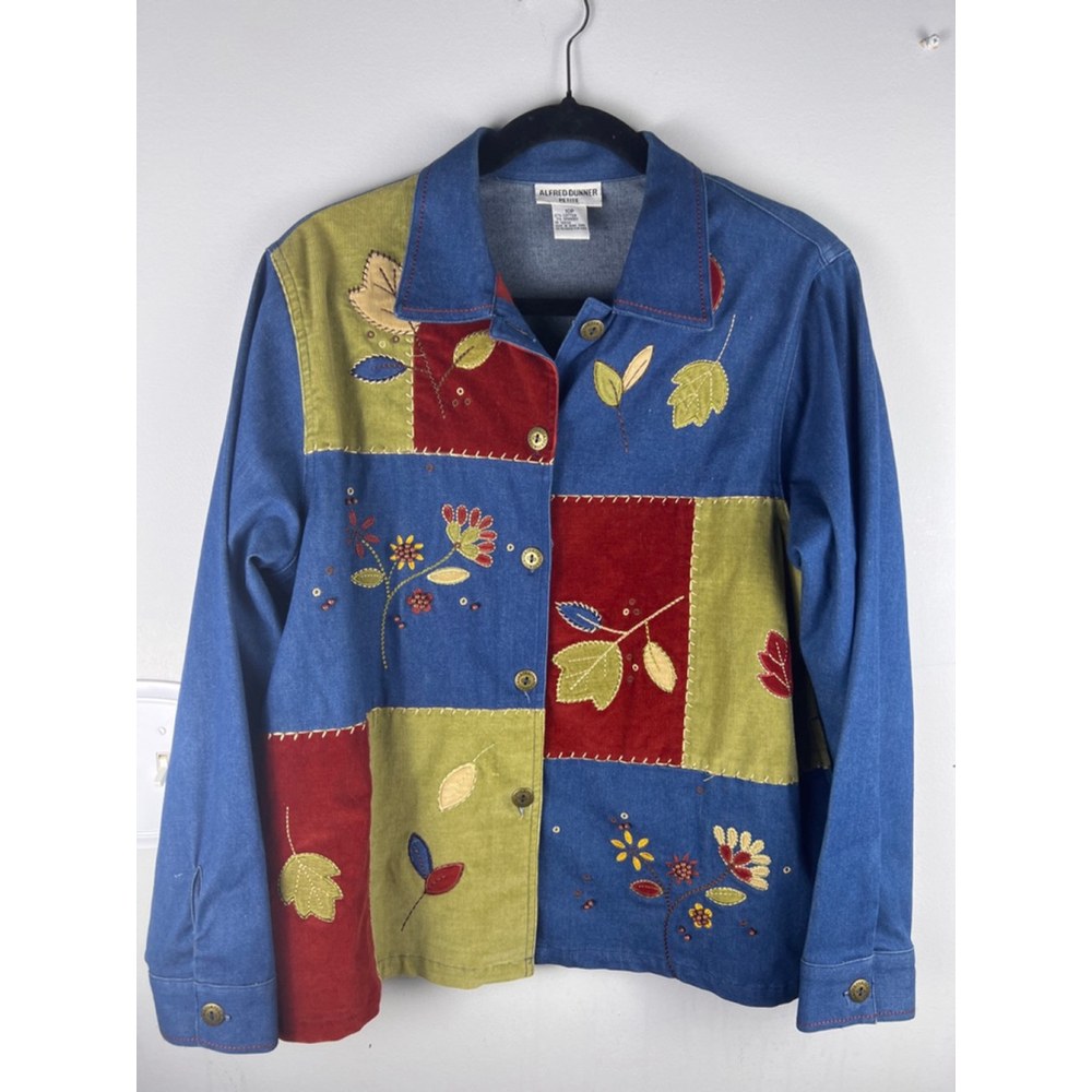 Women's Alfred Dunner Petite Jean Jacket 10P Blue:Green Patchwork CottageCore